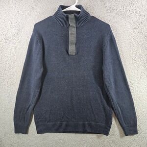 Refectory Mens Mock Neck Button Placket Sweater Navy Blue Cotton Size Medium